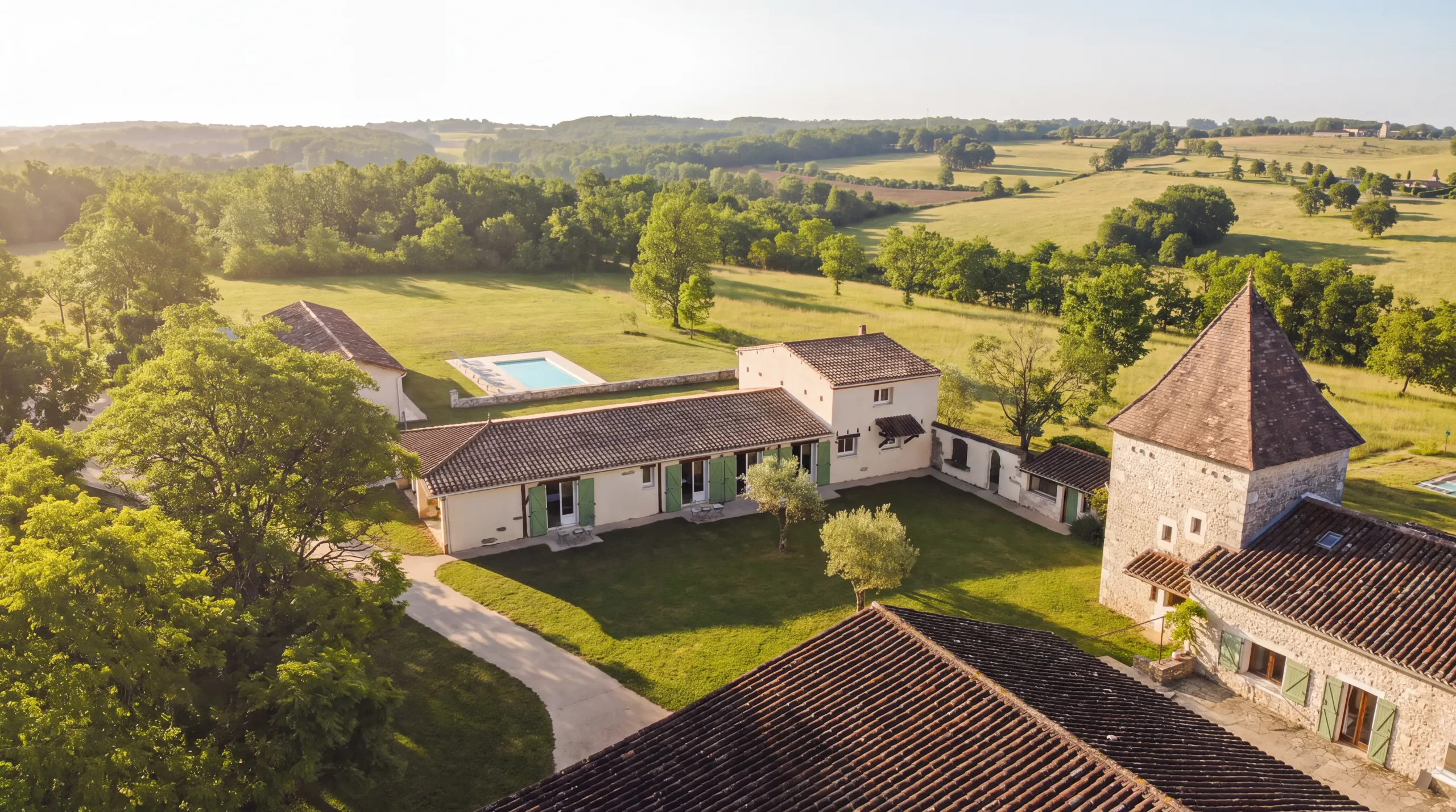 PRANA at golden hour: the guest rooms, pool and stone tower set in the Lot Valley fields
